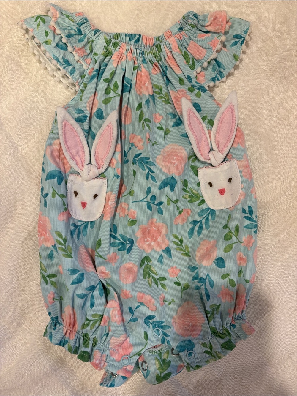 Mud Pie Blue Floral Bunny Pocket Romper with Pink Accents